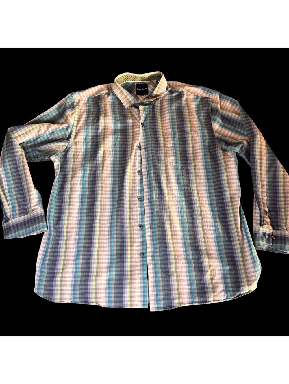 Tommy Bahama 100% Cotton Button Up Shirt Mens 2XL Pixelated Stripe Blue Green